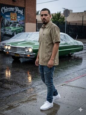 Vintage FB County Quarter Zip Shirt Medium Tan Khaki Cholo Lowrider Streetwear